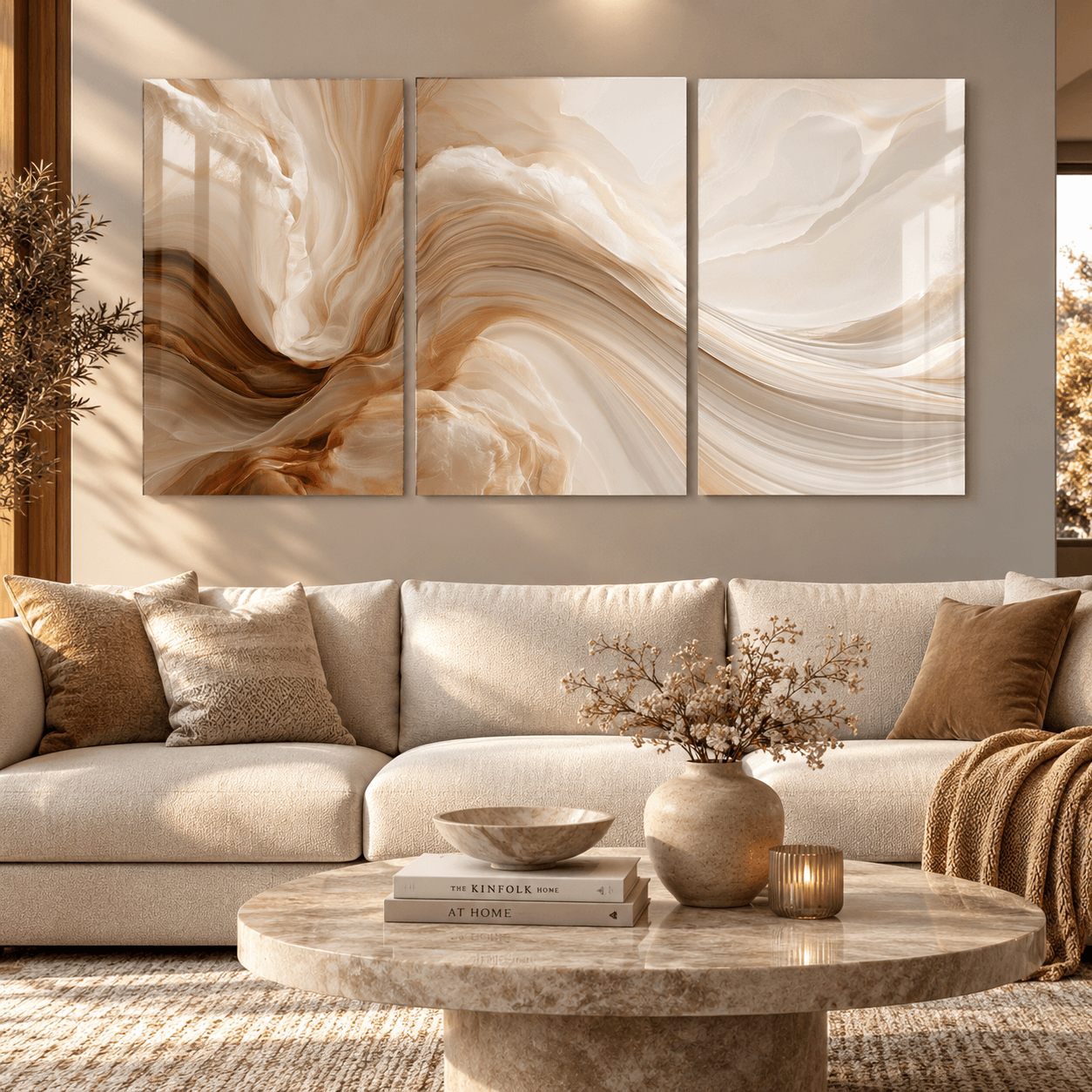 Three-panel marble-wave glass wall art above a beige sectional sofa and round coffee table